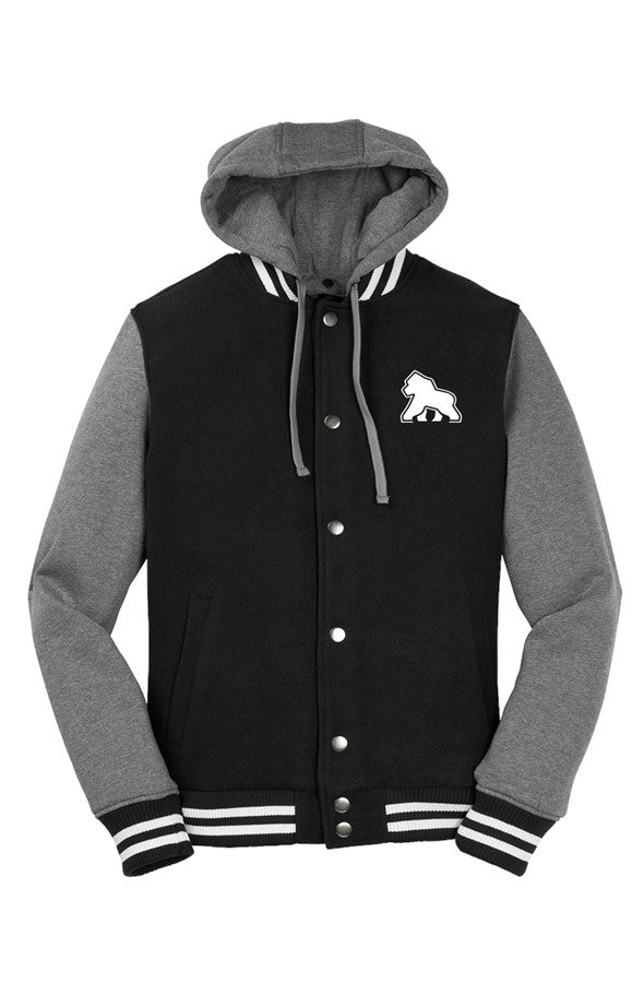 FIT APE men’s hooded letterman jacket in Black with Vintage Heather sleeves and a white Gorilla Only chest logo