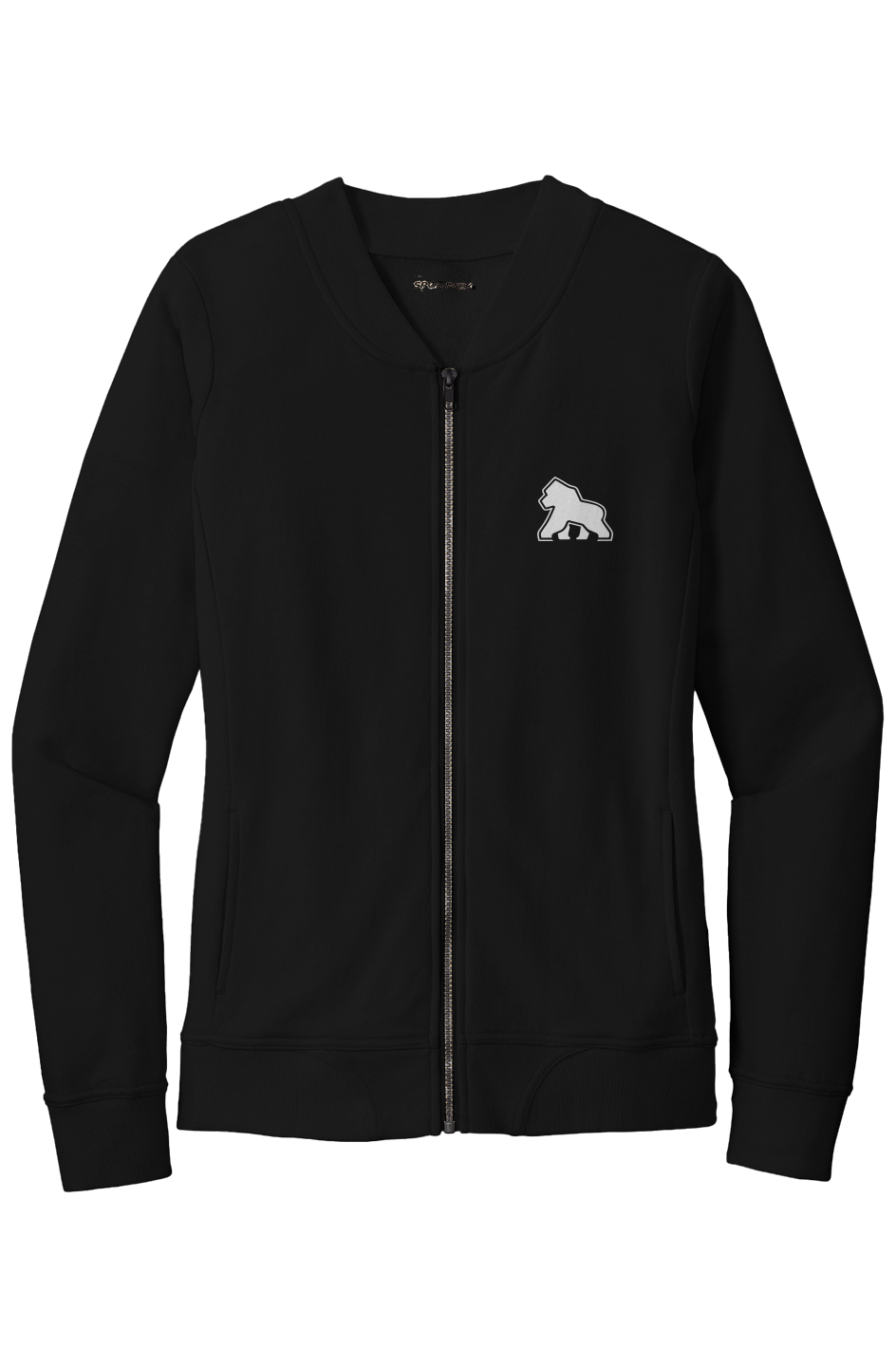 FIT APE women’s French terry bomber jacket in Black with a white Gorilla Only chest logo