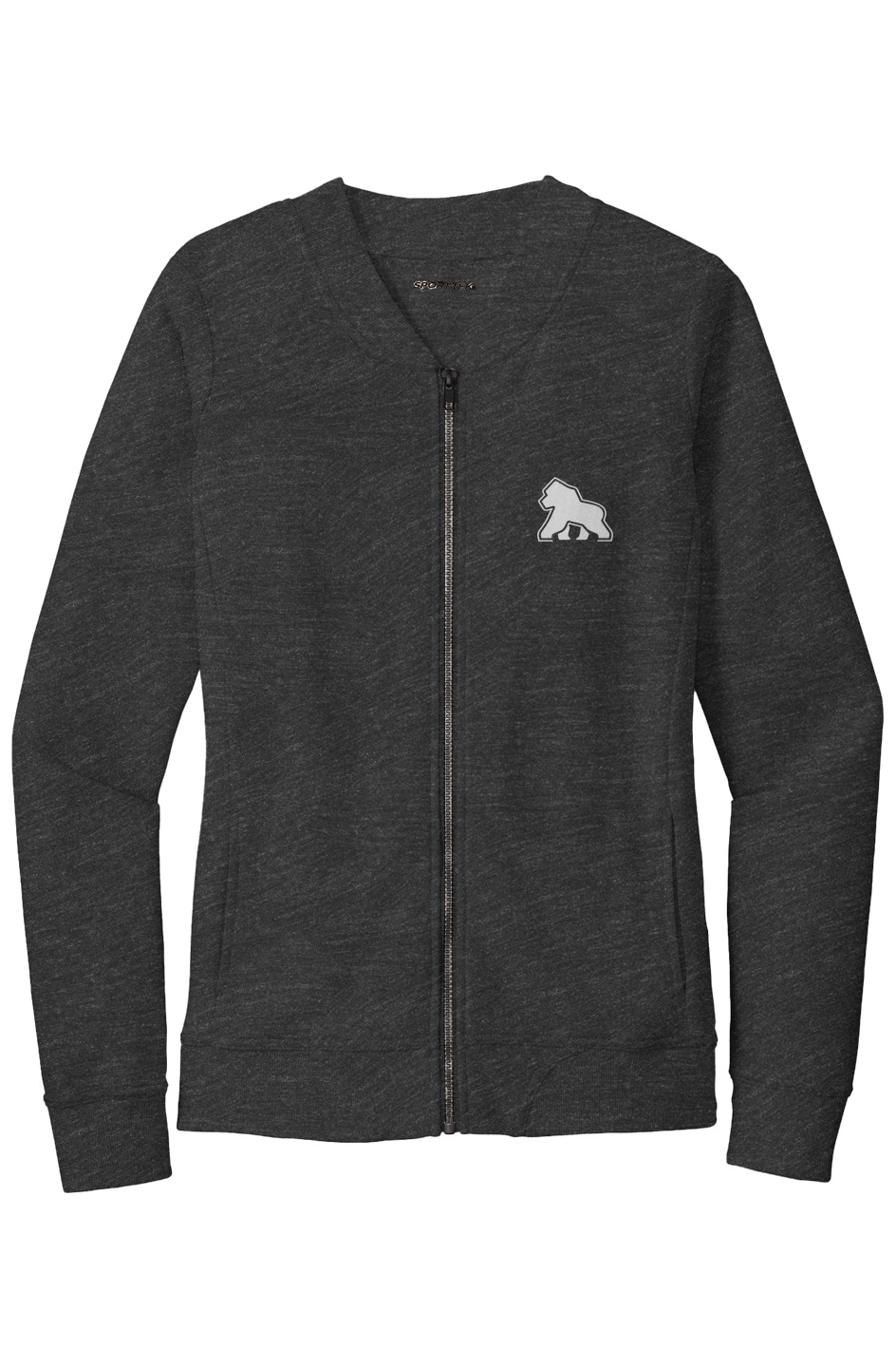 FIT APE women’s French terry bomber jacket in Heather Black with a white Gorilla Only chest logo