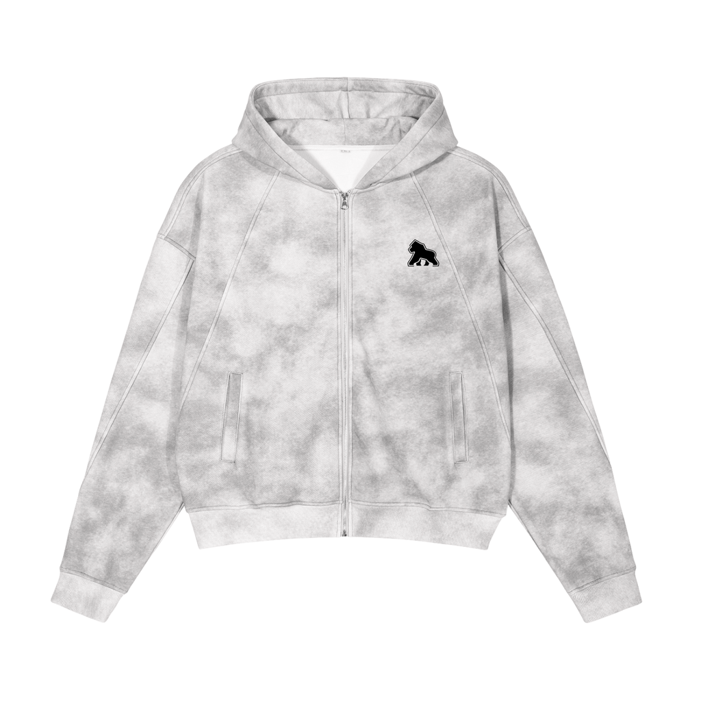 Light gray mottled FIT APE men's washed zip hoodie with black chest gorilla, front view