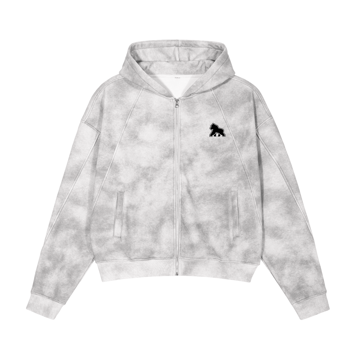 Light gray mottled FIT APE men's washed zip hoodie with black chest gorilla, front view