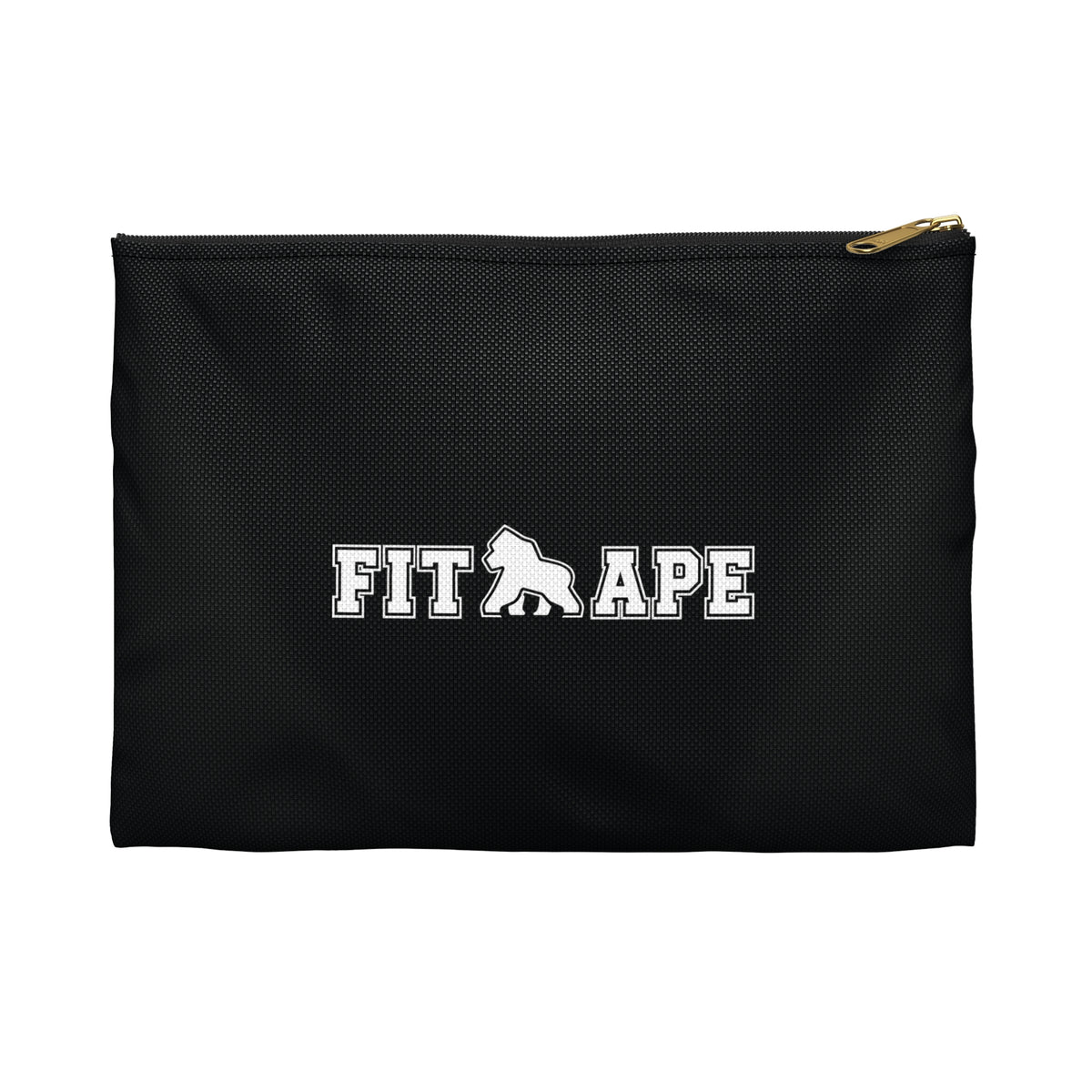 Front of the black FIT APE Gym Organizer Pouch with the full white FIT APE logo and black zipper.