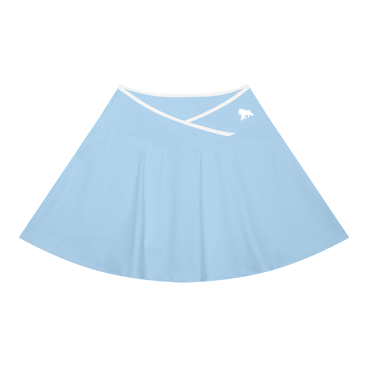 Light blue FIT APE A-line skirt with white crossover waist trim and gorilla, front view