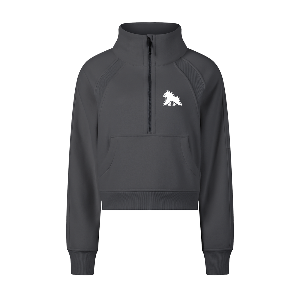 Charcoal FIT APE cropped half-zip sweatshirt with white chest gorilla, front view