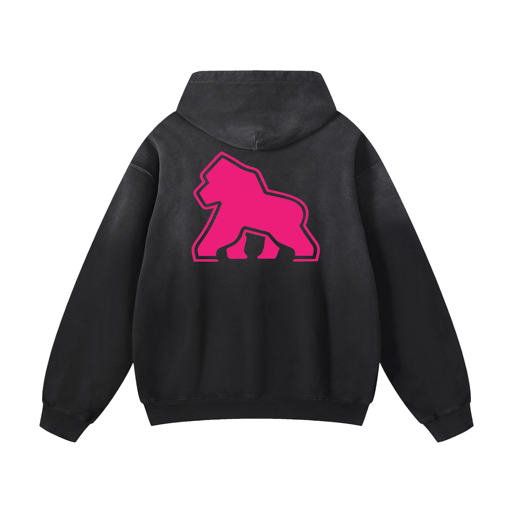 Washed black FIT APE oversized hoodie with large pink gorilla, back view