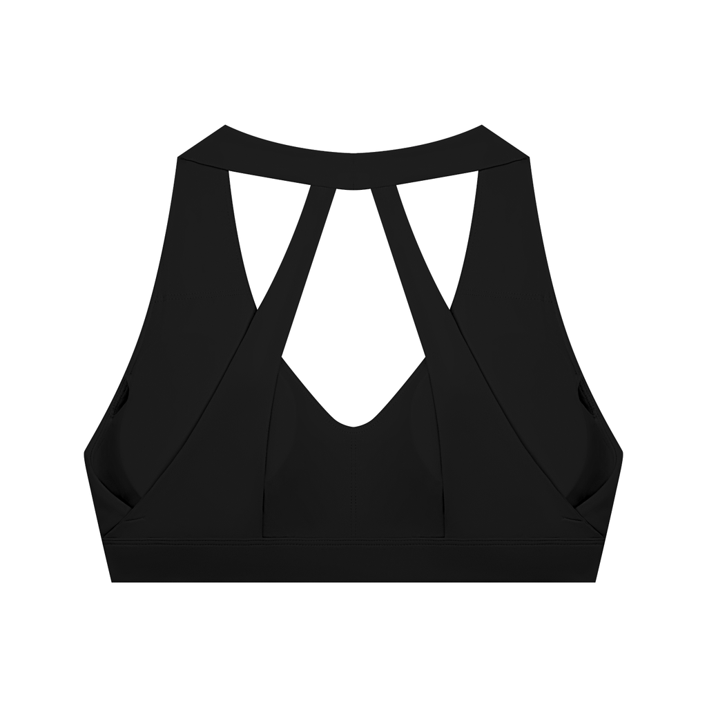 Black FIT APE halter sports bra with cutout straps, back view