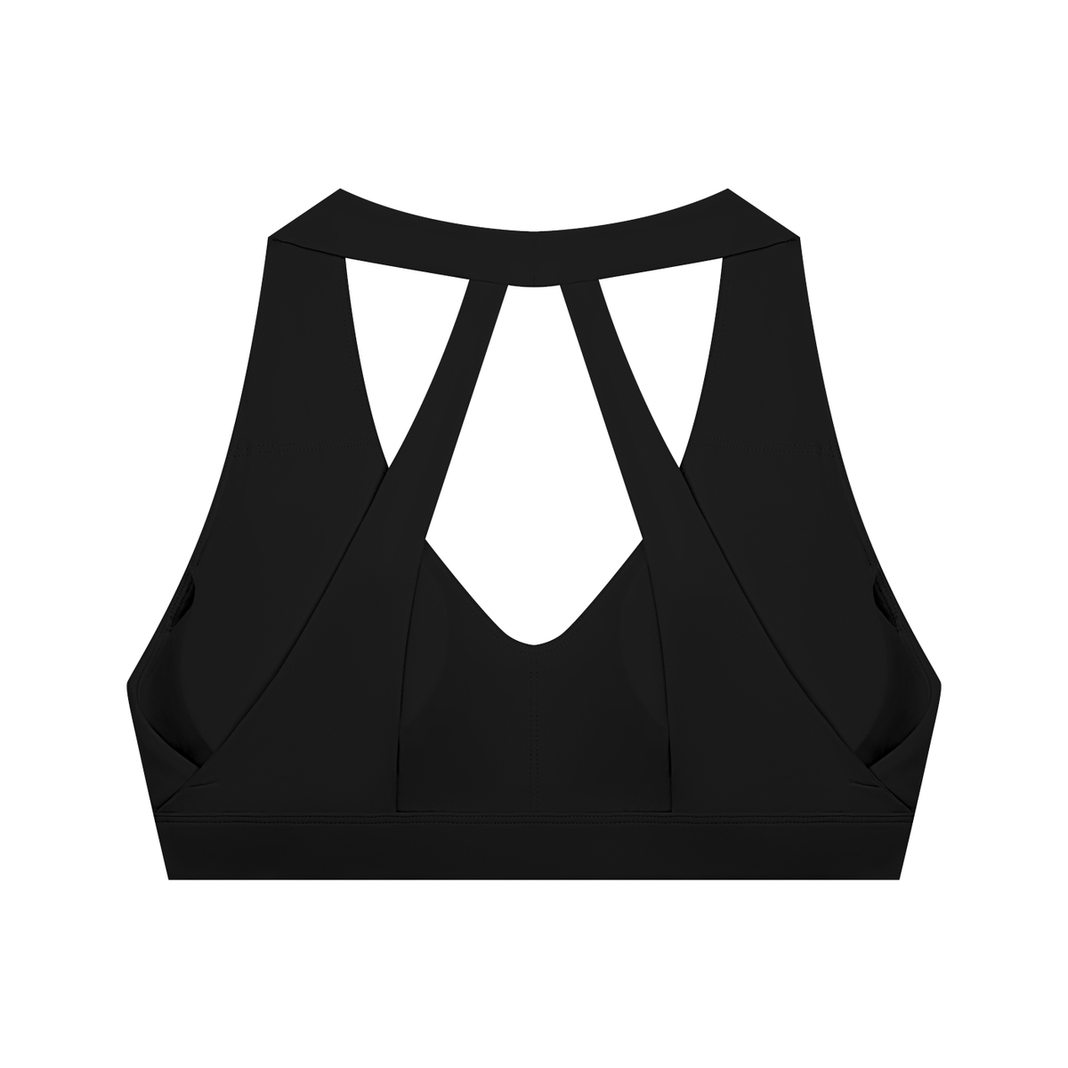 Black FIT APE halter sports bra with cutout straps, back view
