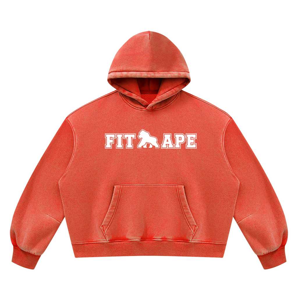Red FIT APE vintage-wash boxy hoodie with white chest lettering, front view