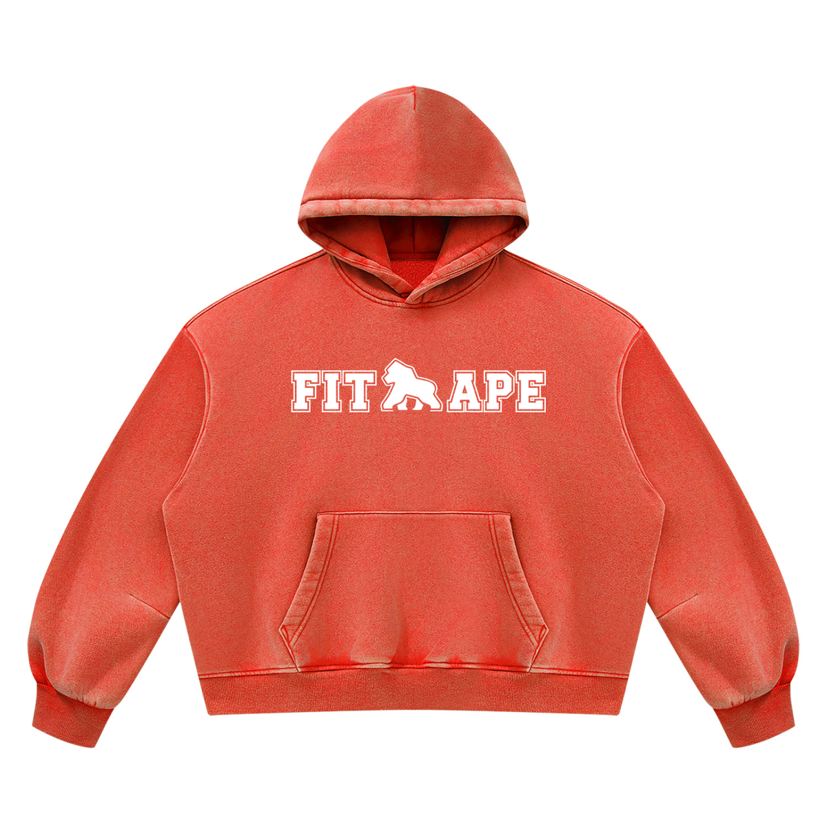 Red FIT APE vintage-wash boxy hoodie with white chest lettering, front view