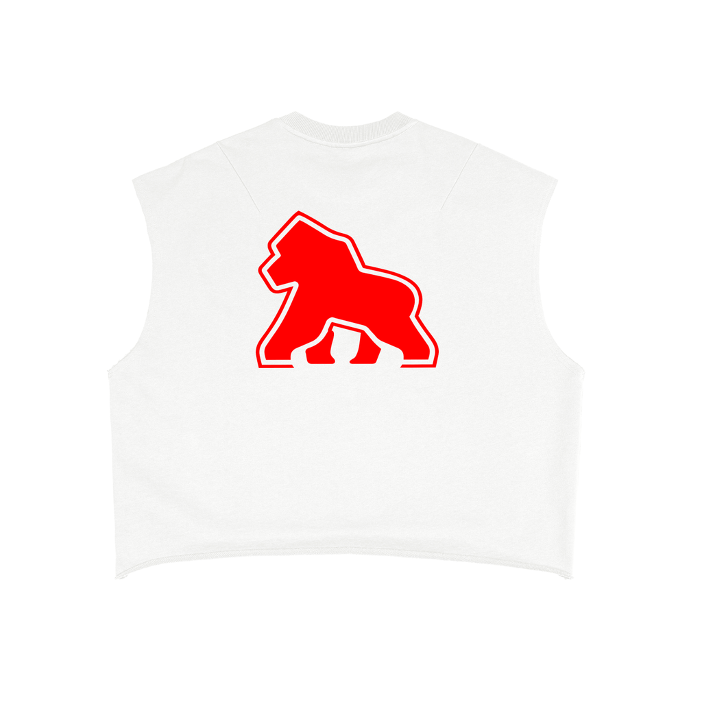 White FIT APE boxy tank top with large red gorilla, back view