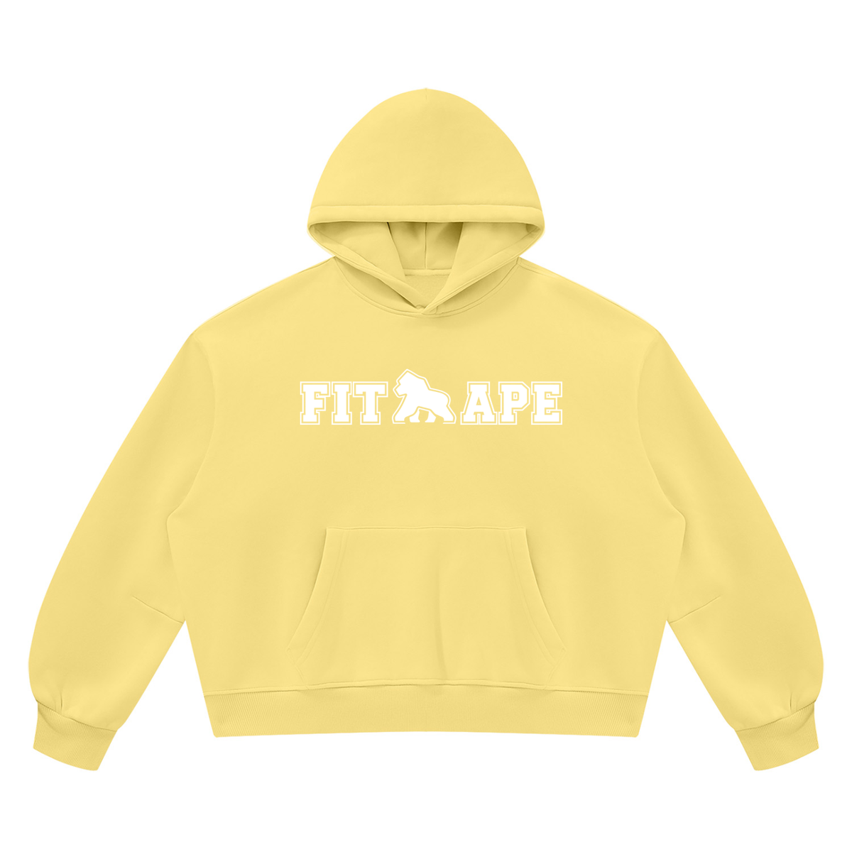 Yellow FIT APE vintage-wash boxy hoodie with white chest lettering, front view