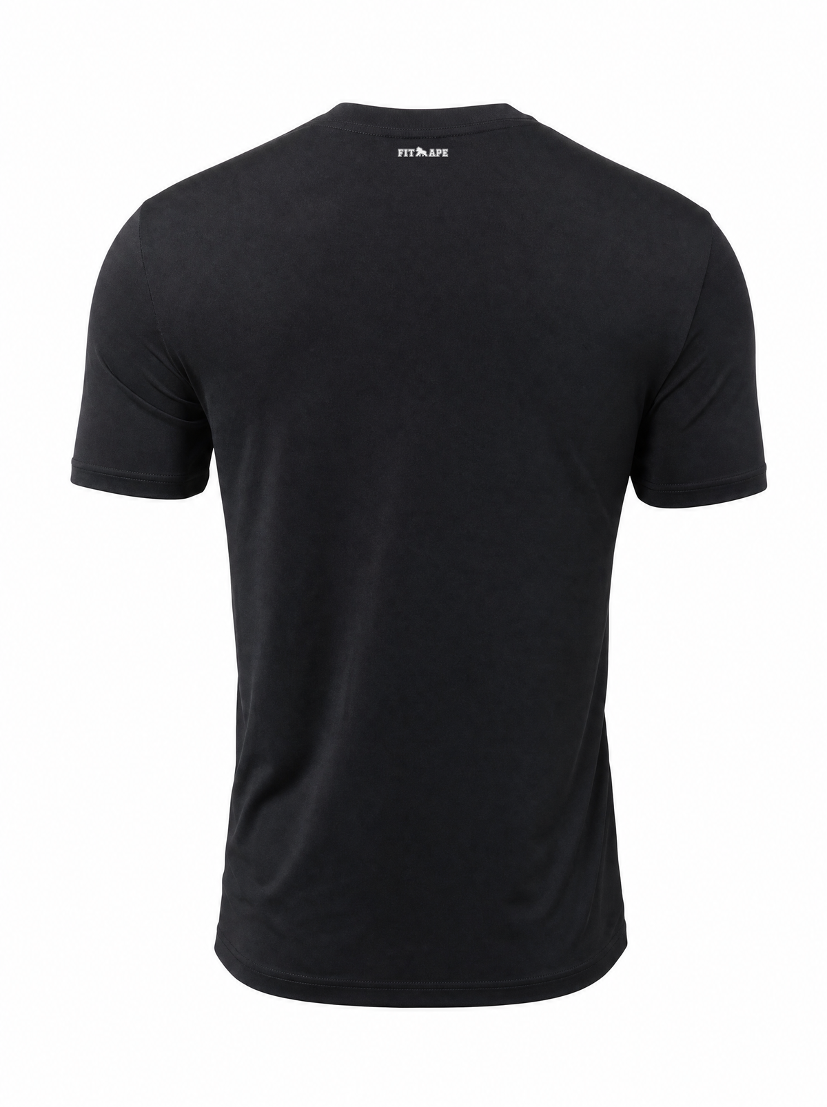 FIT APE Performance Tee flat lay back, black, FIT APE logo below the collar