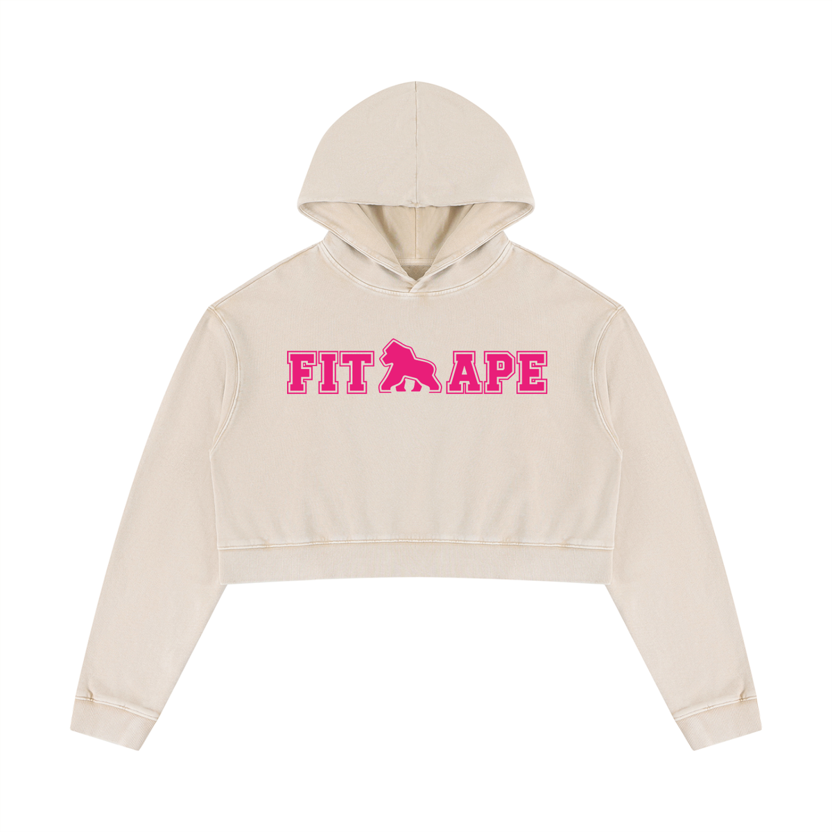 Cream FIT APE women's cropped hoodie with bright pink chest lettering, front view