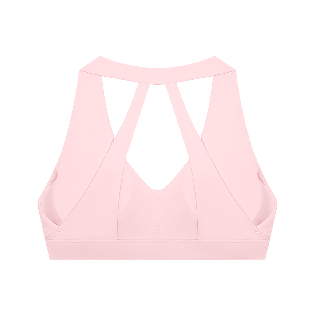 Pale pink FIT APE halter sports bra with cutout straps, back view