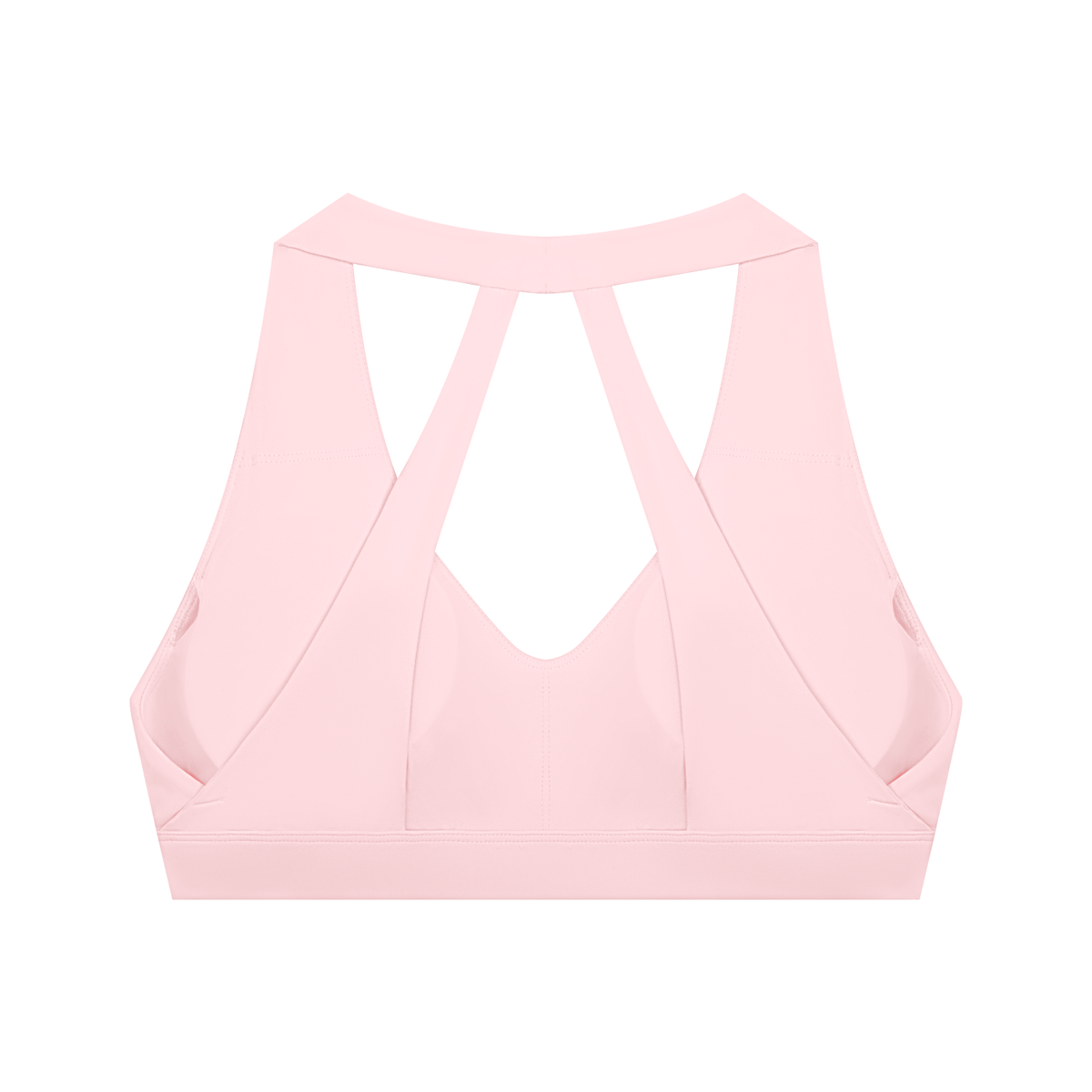 Pale pink FIT APE halter sports bra with cutout straps, back view