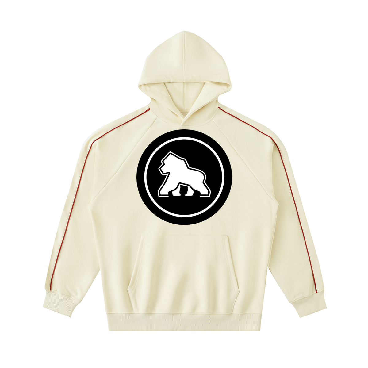 Cream FIT APE Pipeline raglan hoodie with contrast sleeve piping and round gorilla emblem, front view