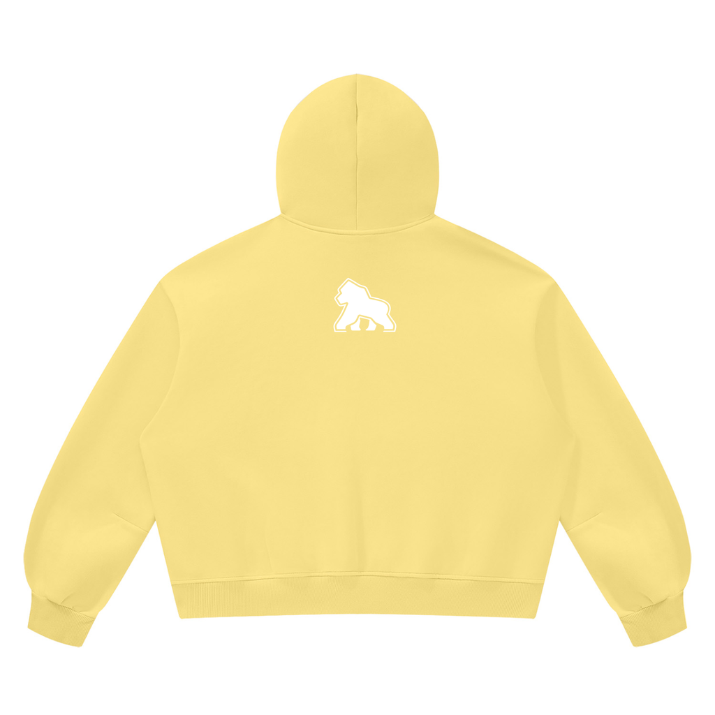 Yellow FIT APE vintage-wash boxy hoodie with white gorilla, back view