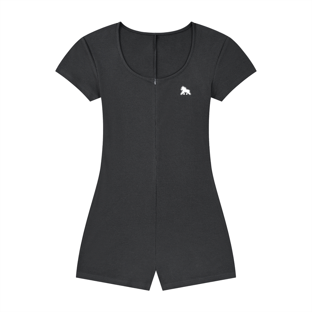 Charcoal FIT APE fitted short-sleeve romper with scoop neck and white chest gorilla, front view