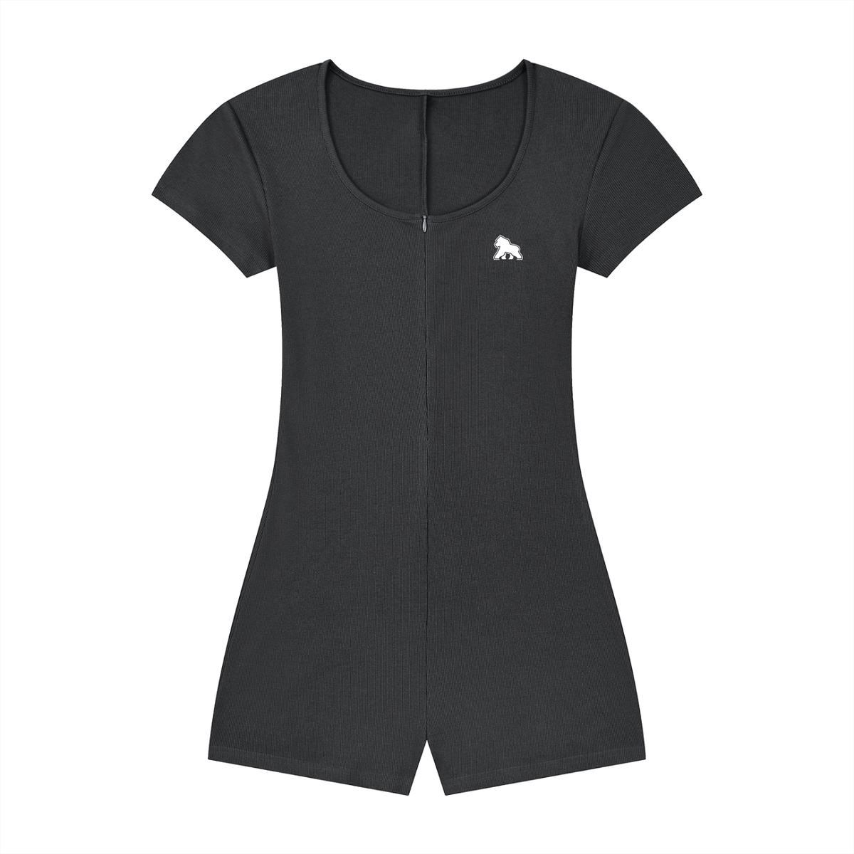 Charcoal FIT APE fitted short-sleeve romper with scoop neck and white chest gorilla, front view