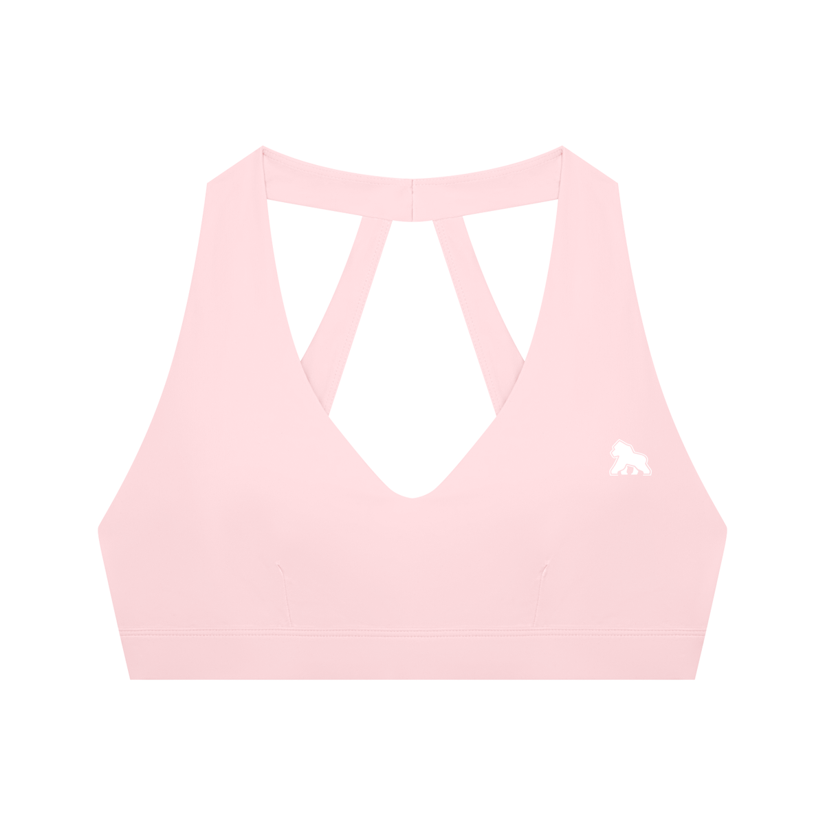 Pale pink FIT APE halter sports bra with cutout straps and white gorilla, front view