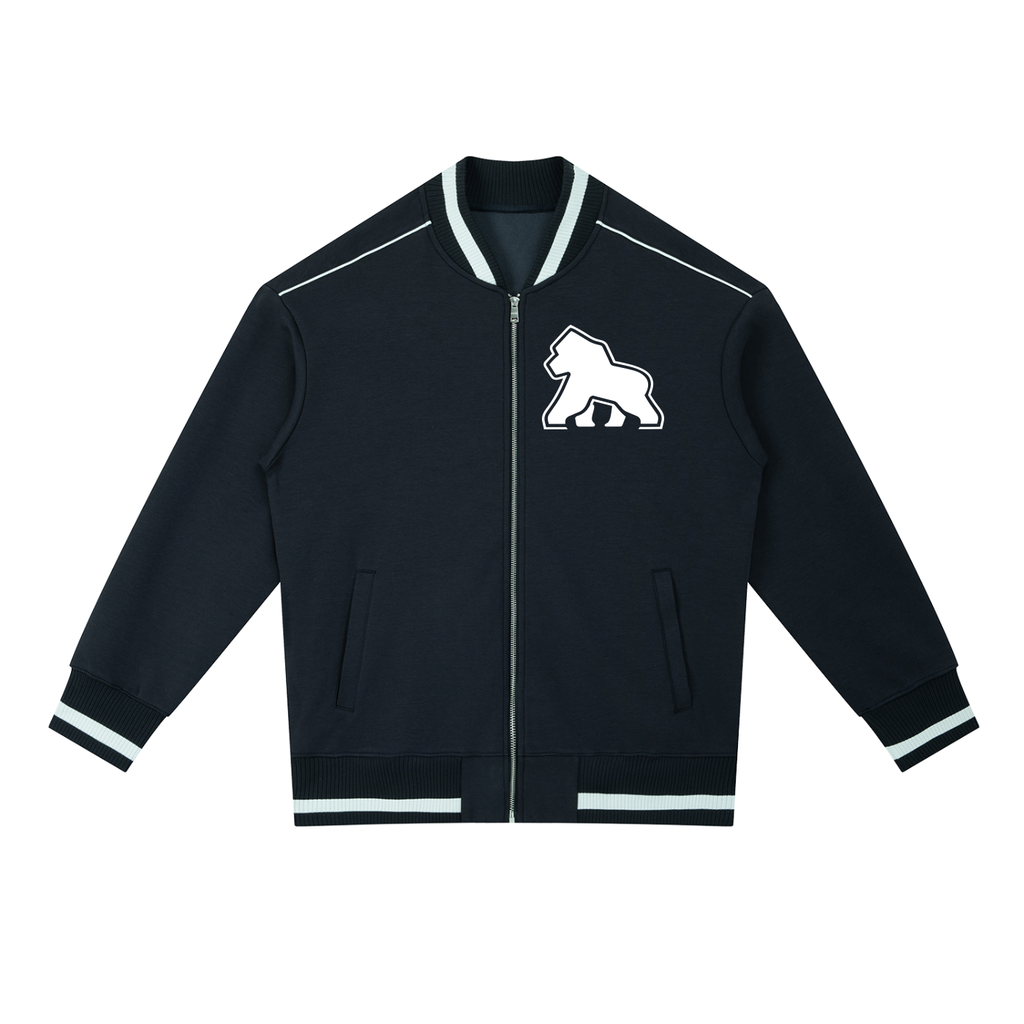 Dark blue-gray FIT APE zip bomber jacket with white trim and chest gorilla, front view
