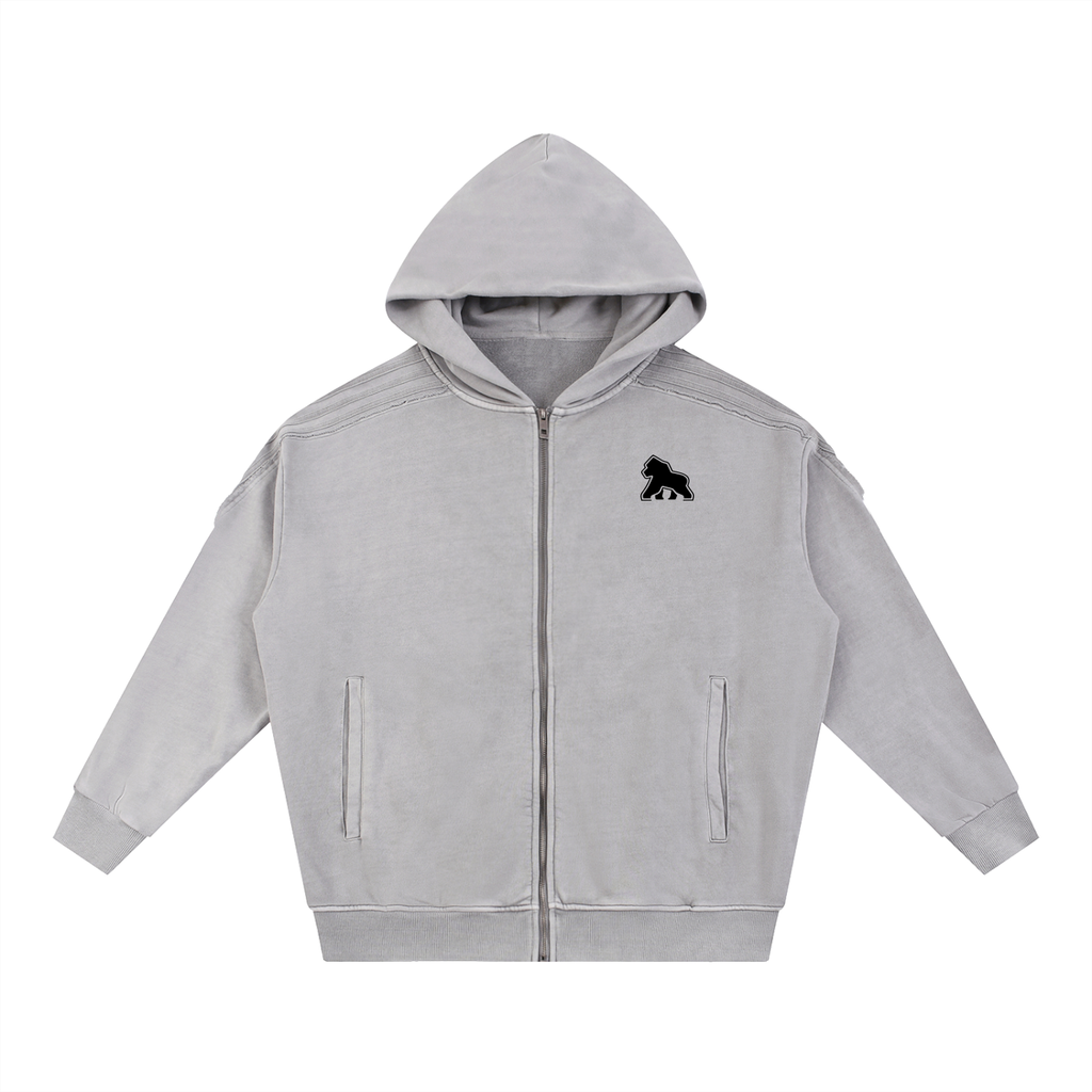 Light gray FIT APE men's raw-edge zip hoodie with black chest gorilla, front view