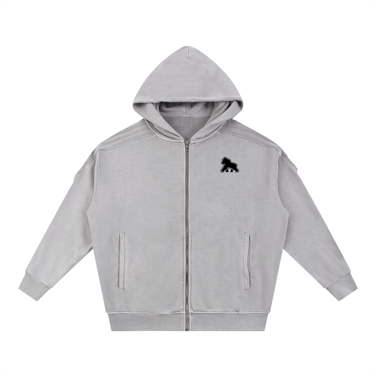 Light gray FIT APE men's raw-edge zip hoodie with black chest gorilla, front view