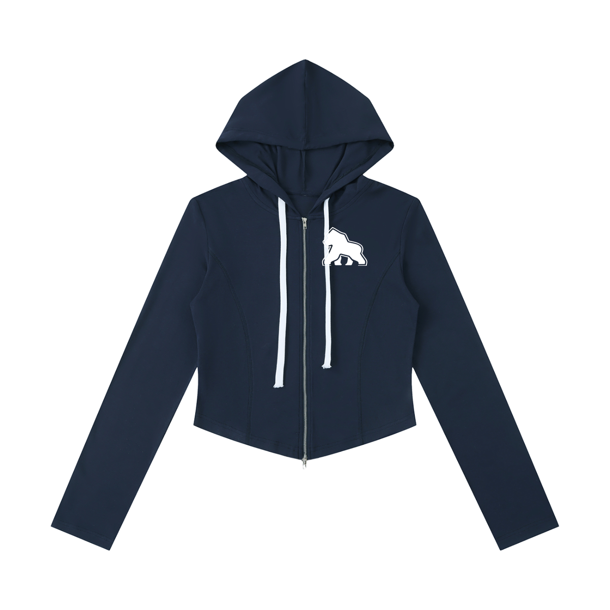Navy FIT APE women's slim cropped zip hoodie with white drawstrings and gorilla, front view