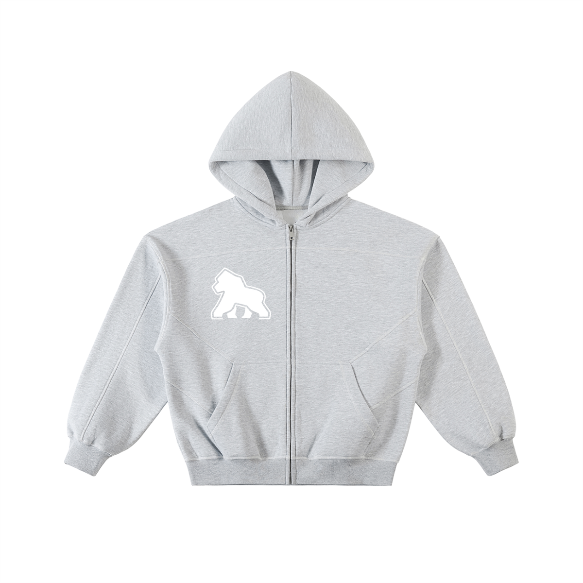 Light gray FIT APE men's zip hoodie with white chest gorilla, front view
