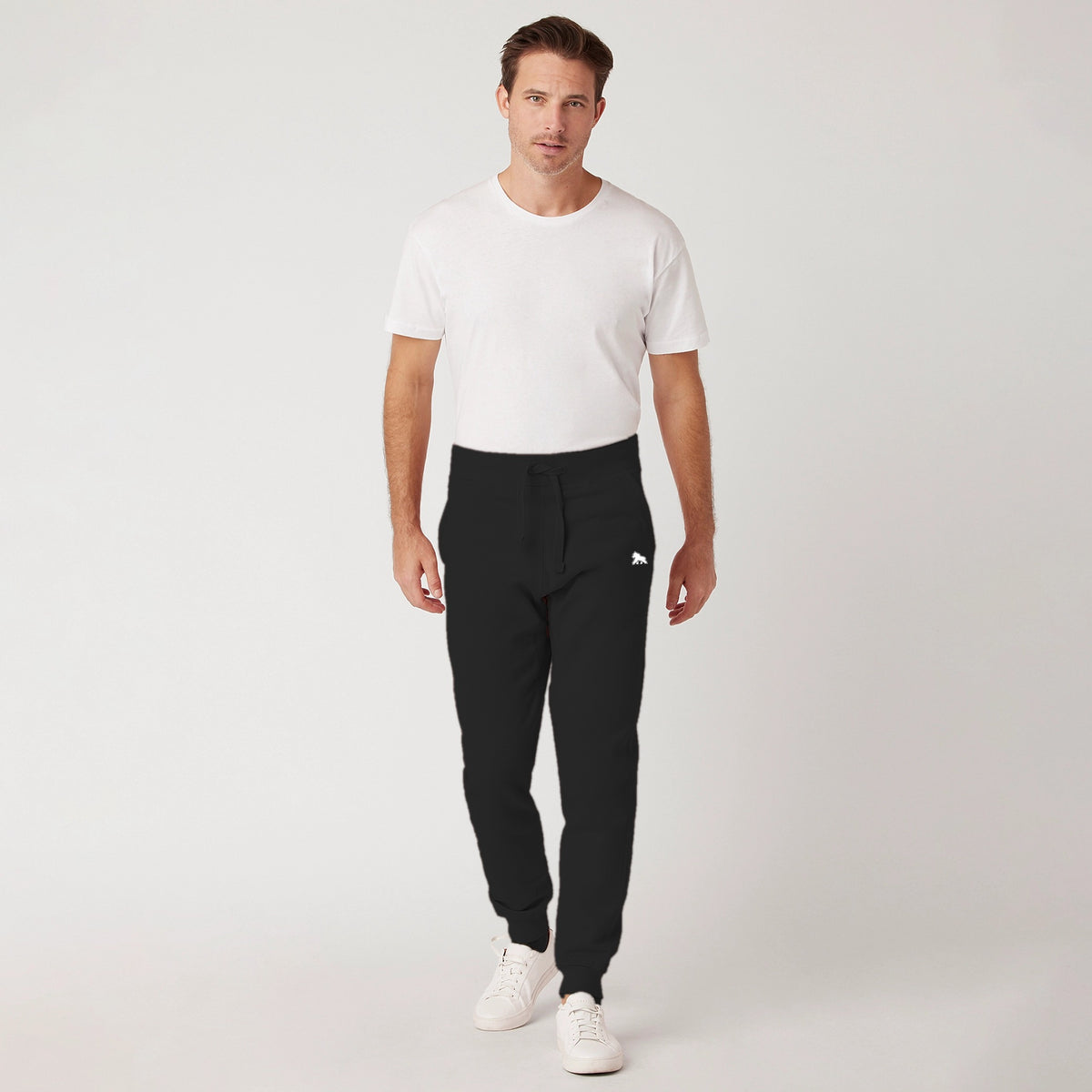 FIT APE men's premium fleece joggers in black - front view on model