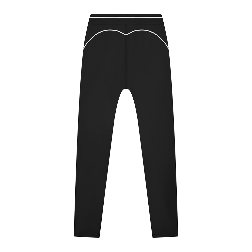 Black FIT APE women's high-rise leggings with curved white stitching, back view