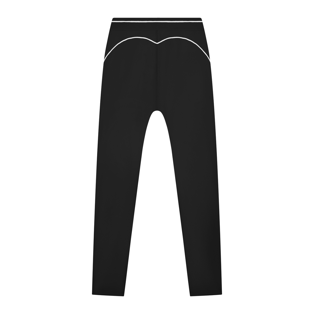 Black FIT APE women's high-rise leggings with curved white stitching, back view
