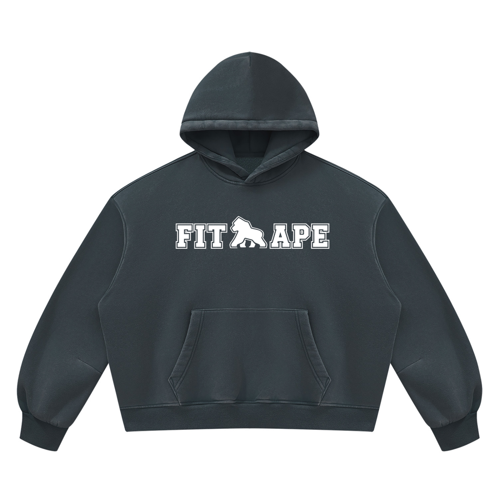 Dark blue-gray FIT APE vintage-wash boxy hoodie with white chest lettering, front view