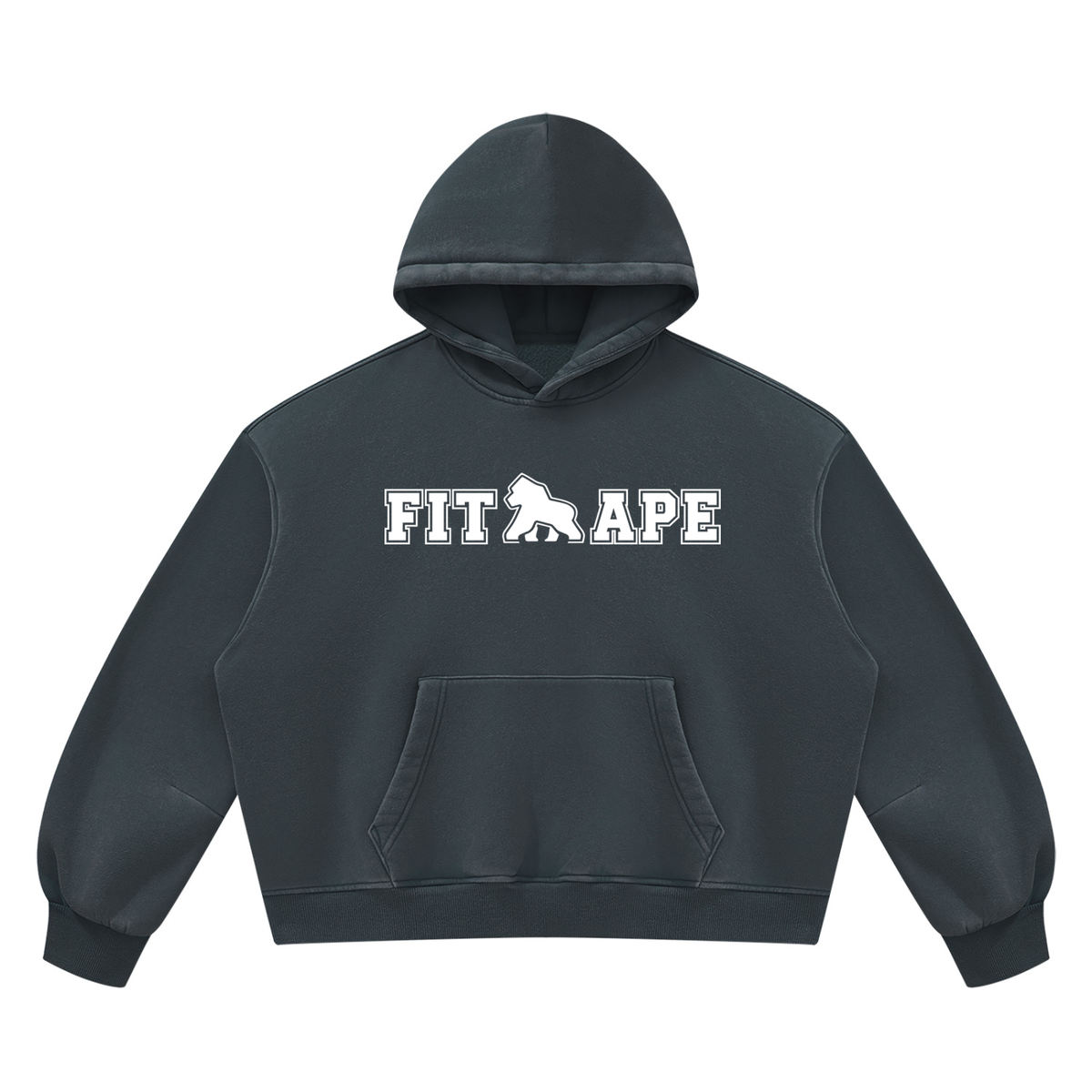 Dark blue-gray FIT APE vintage-wash boxy hoodie with white chest lettering, front view