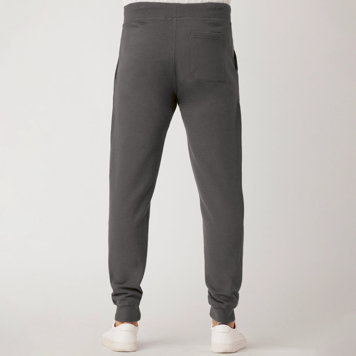 FIT APE men's premium fleece joggers in charcoal heather - back view with back pocket