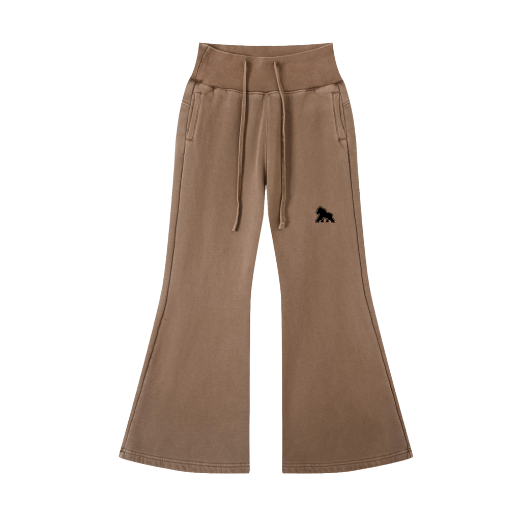Washed brown FIT APE women's flared fleece pants with drawstrings and black gorilla, front view