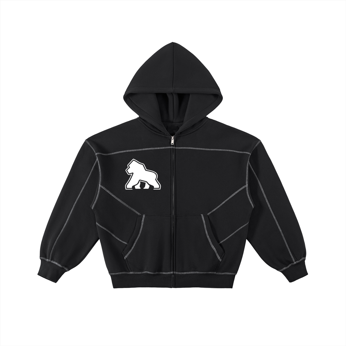 Black FIT APE men's zip hoodie with white contrast stitching and chest gorilla, front view
