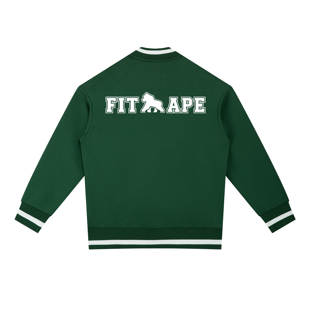 Dark green FIT APE zip bomber jacket with white trim and large back lettering, back view