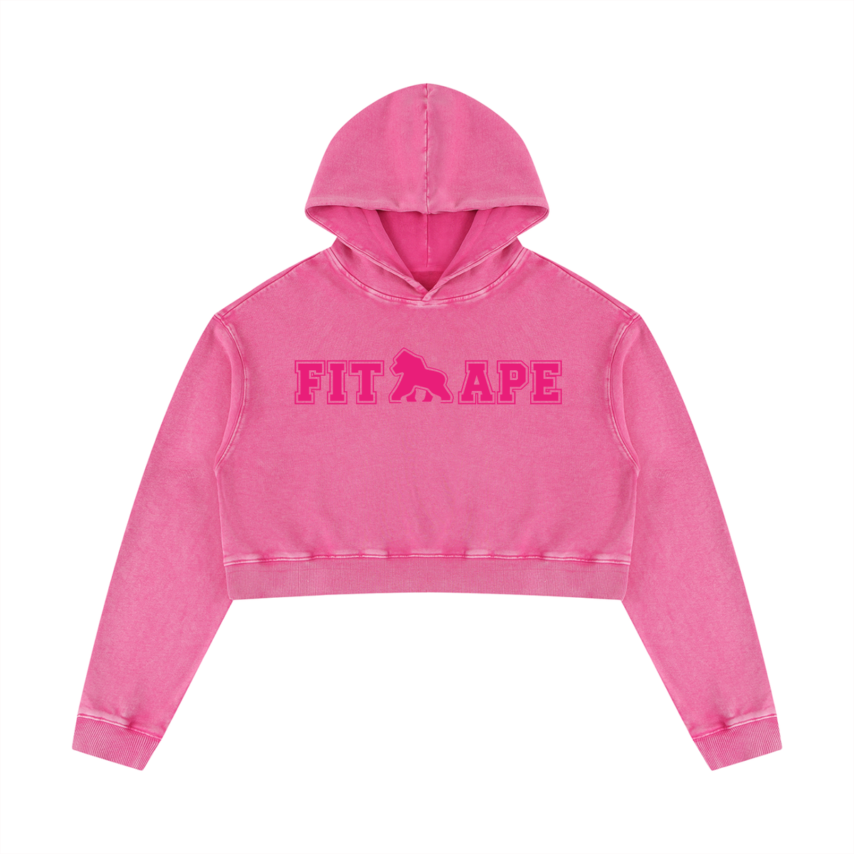 Washed pink FIT APE women's cropped hoodie with bright pink chest lettering, front view