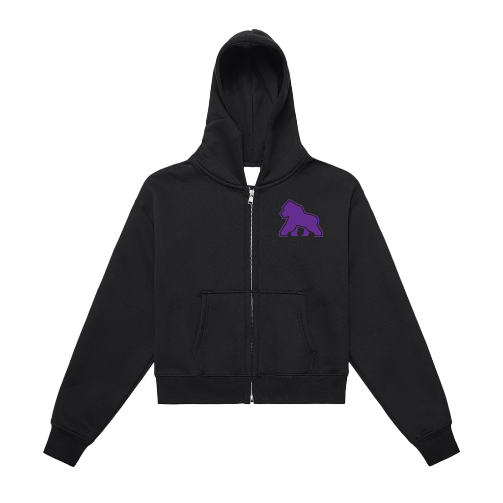 Black FIT APE cropped zip hoodie with purple chest gorilla, front view