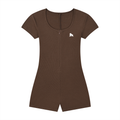 Brown FIT APE fitted short-sleeve romper with scoop neck and white chest gorilla, front view