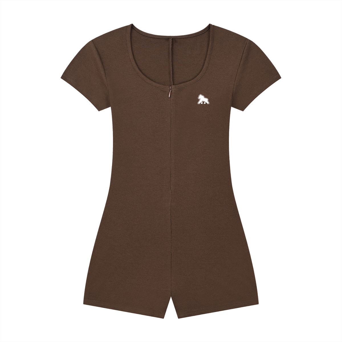 Brown FIT APE fitted short-sleeve romper with scoop neck and white chest gorilla, front view