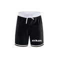 Black FIT APE basketball shorts with white waistband and hem stripes, front view