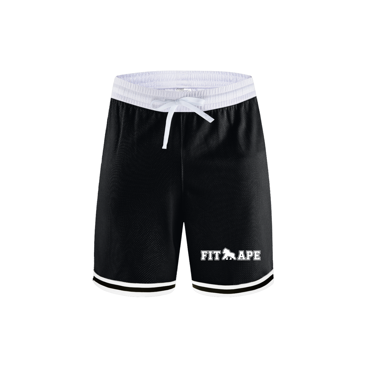Black FIT APE basketball shorts with white waistband and hem stripes, front view