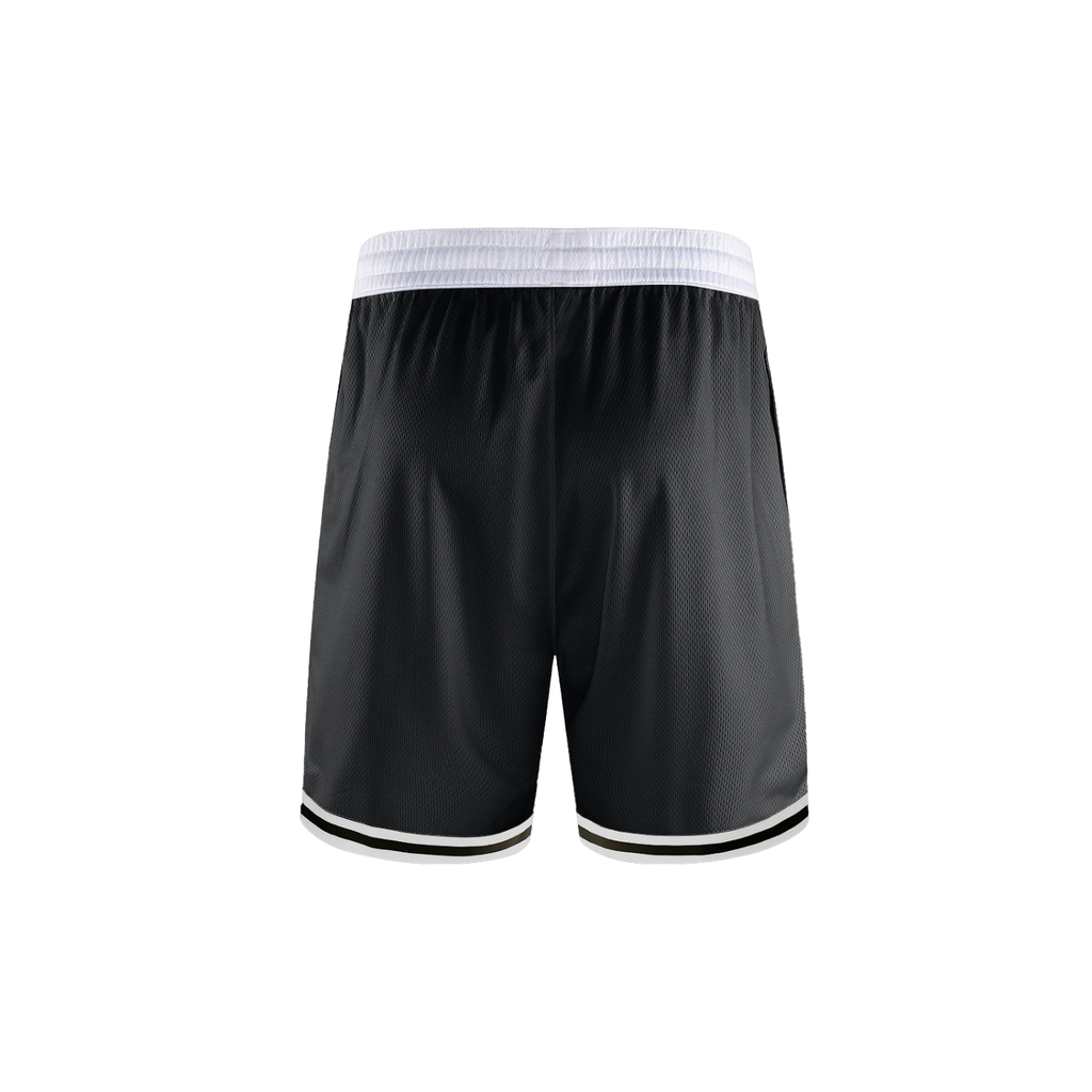 Black FIT APE basketball shorts with white waistband and hem stripes, back view