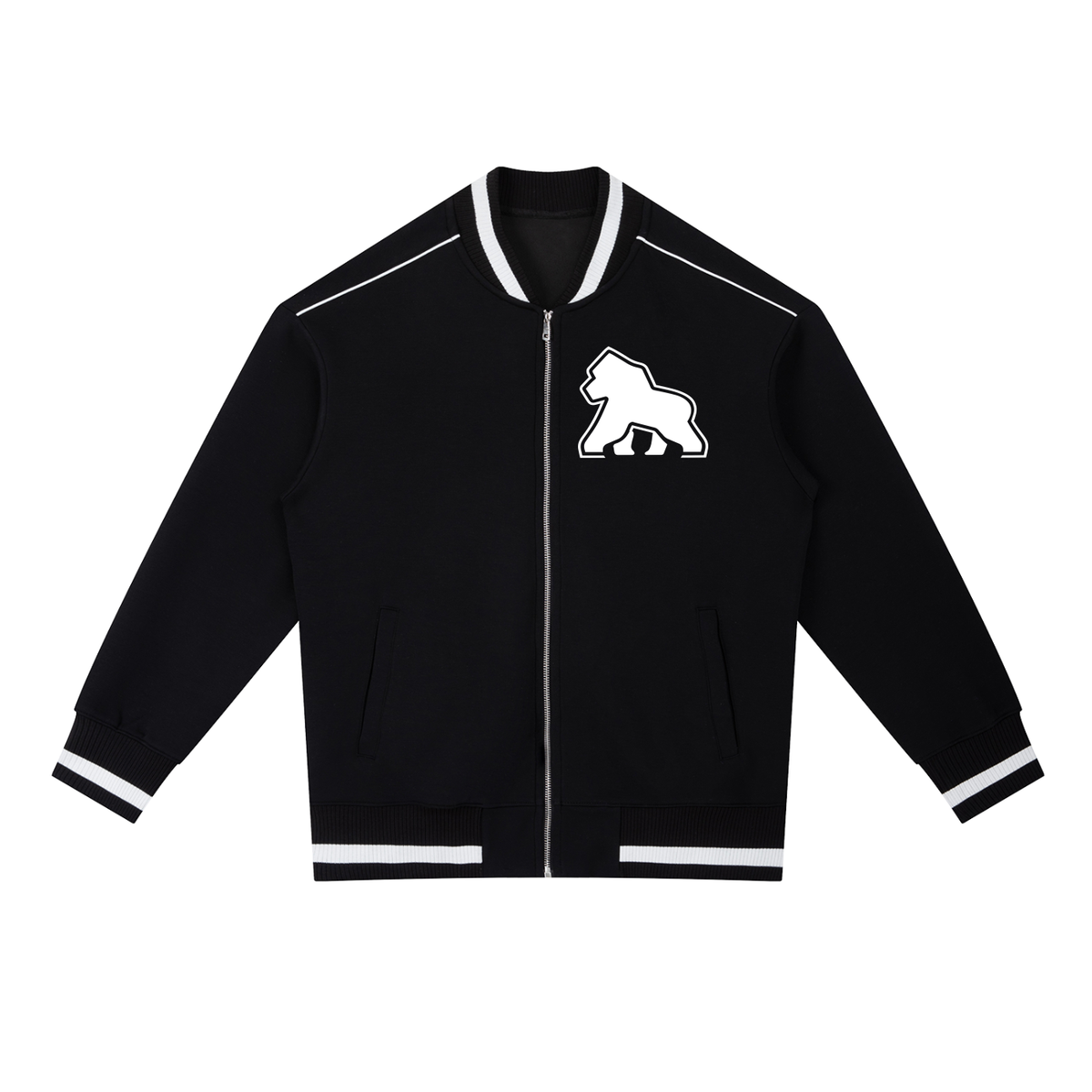 Black FIT APE zip bomber jacket with white striped trim and chest gorilla, front view