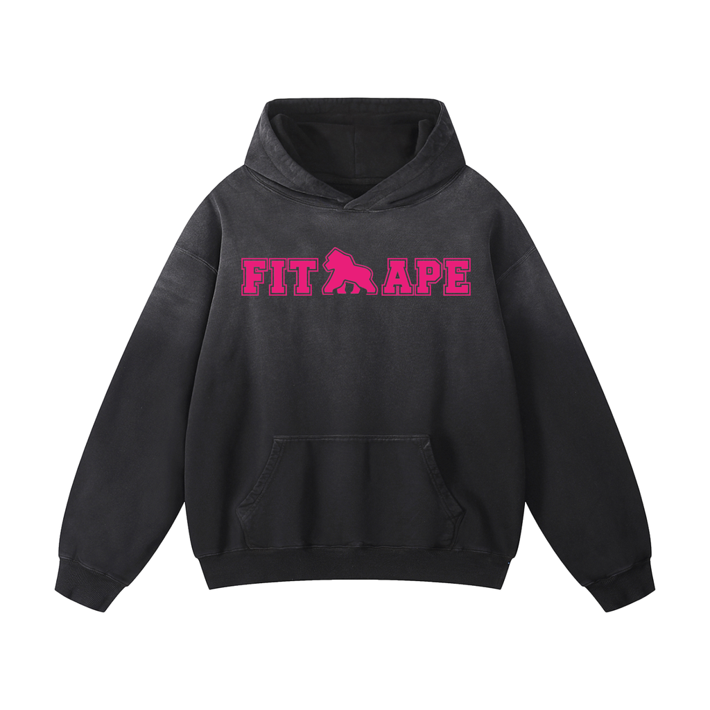 Washed black FIT APE oversized hoodie with pink chest lettering, front view