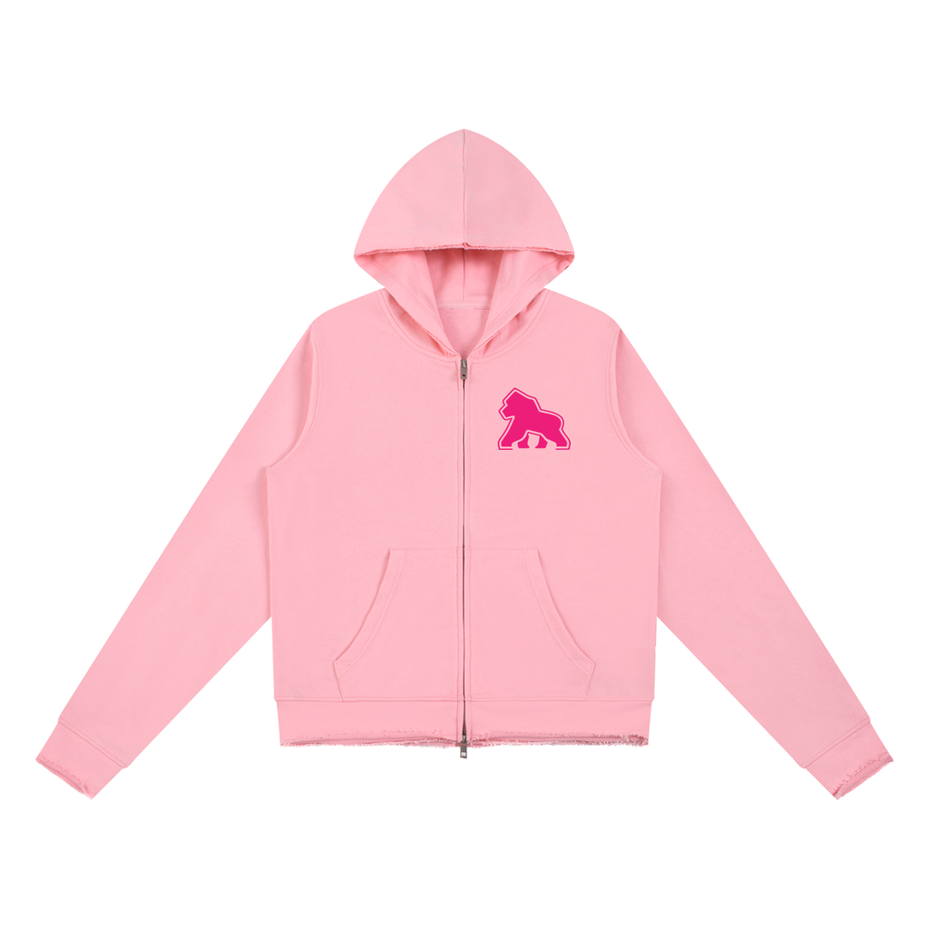 Pink FIT APE women's raw-edge full-zip hoodie with bright pink chest gorilla, front view