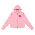 Pink FIT APE women's raw-edge full-zip hoodie with bright pink chest gorilla, front view