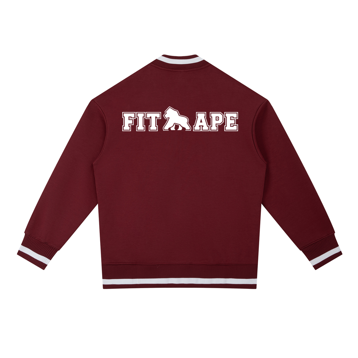 Burgundy FIT APE zip bomber jacket with white trim and large back lettering, back view